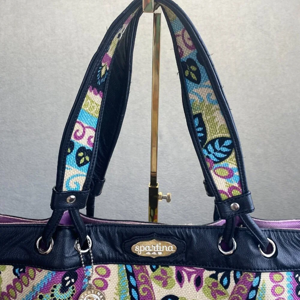 Spartina 449 Floral Multicolor Linen‎ Fabric with Black Leather Trim Tote Bag